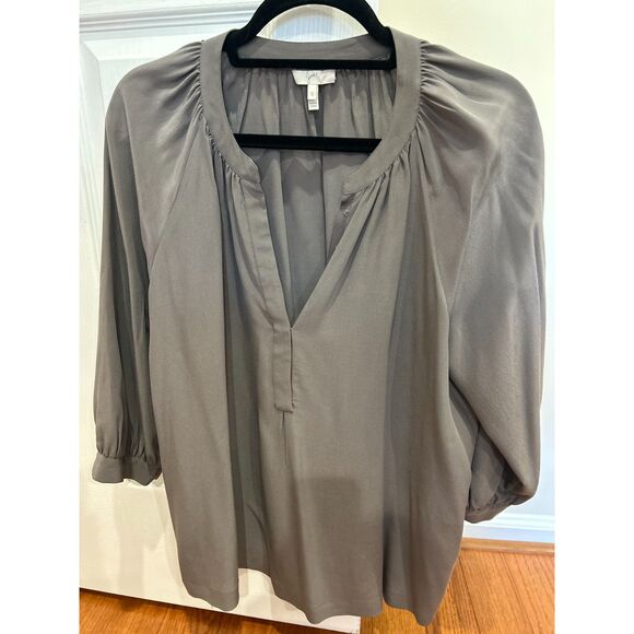 Joie Split V-Neck Blouson Sleeve Gathered Flowy Top Gray Small - Picture 4 of 6